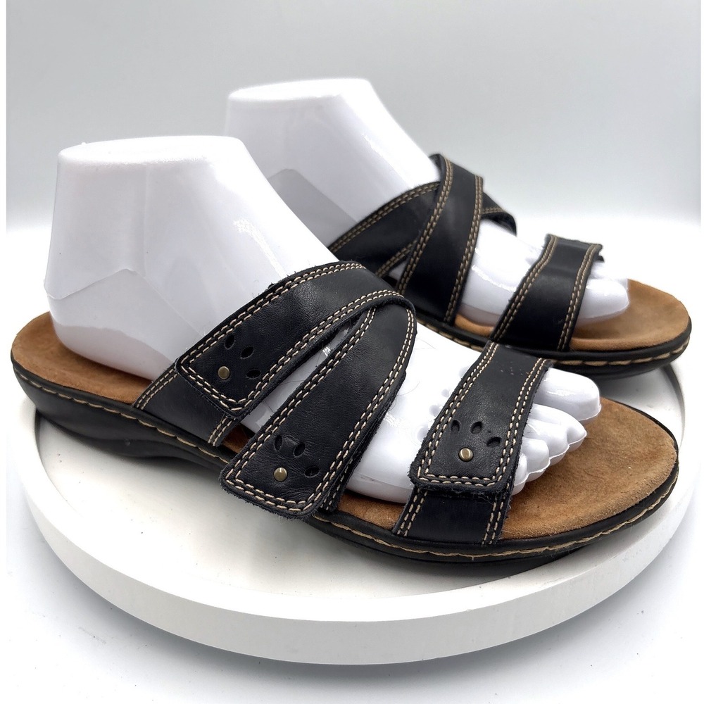 Clarks Slide Sandals 7.5W Black Comfort Gorpcore Strappy Leather
